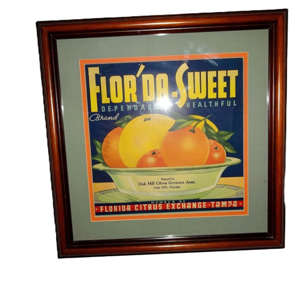 Flor'da Sweet Vtg label Oak Hill Citrus Print Artwork wood frame 2 mats Florida
